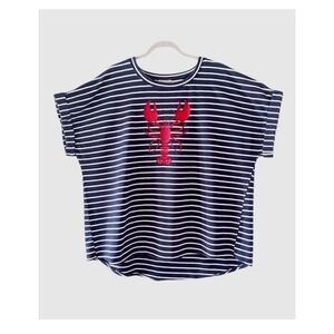TRUE SELF Navy White Striped Embroidered Lobster  French Terry Top Plus Size 3X